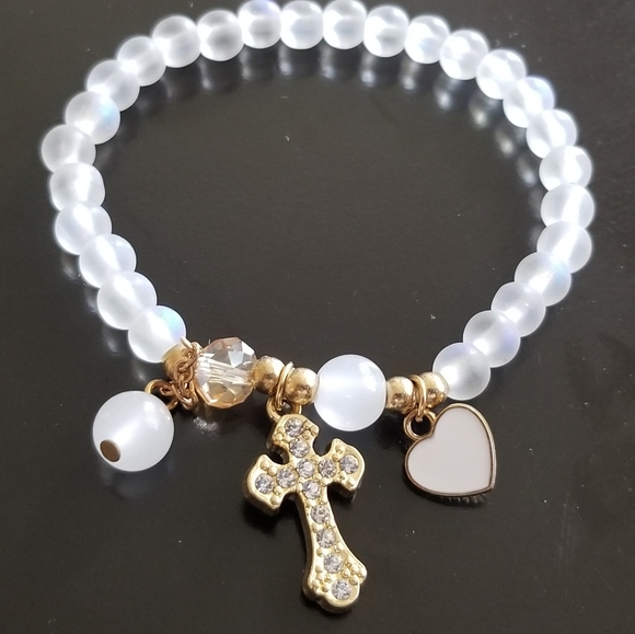 White Beaded Cross Bracelet Faith & Love Devotional Jewelry - Picture 1 of 5